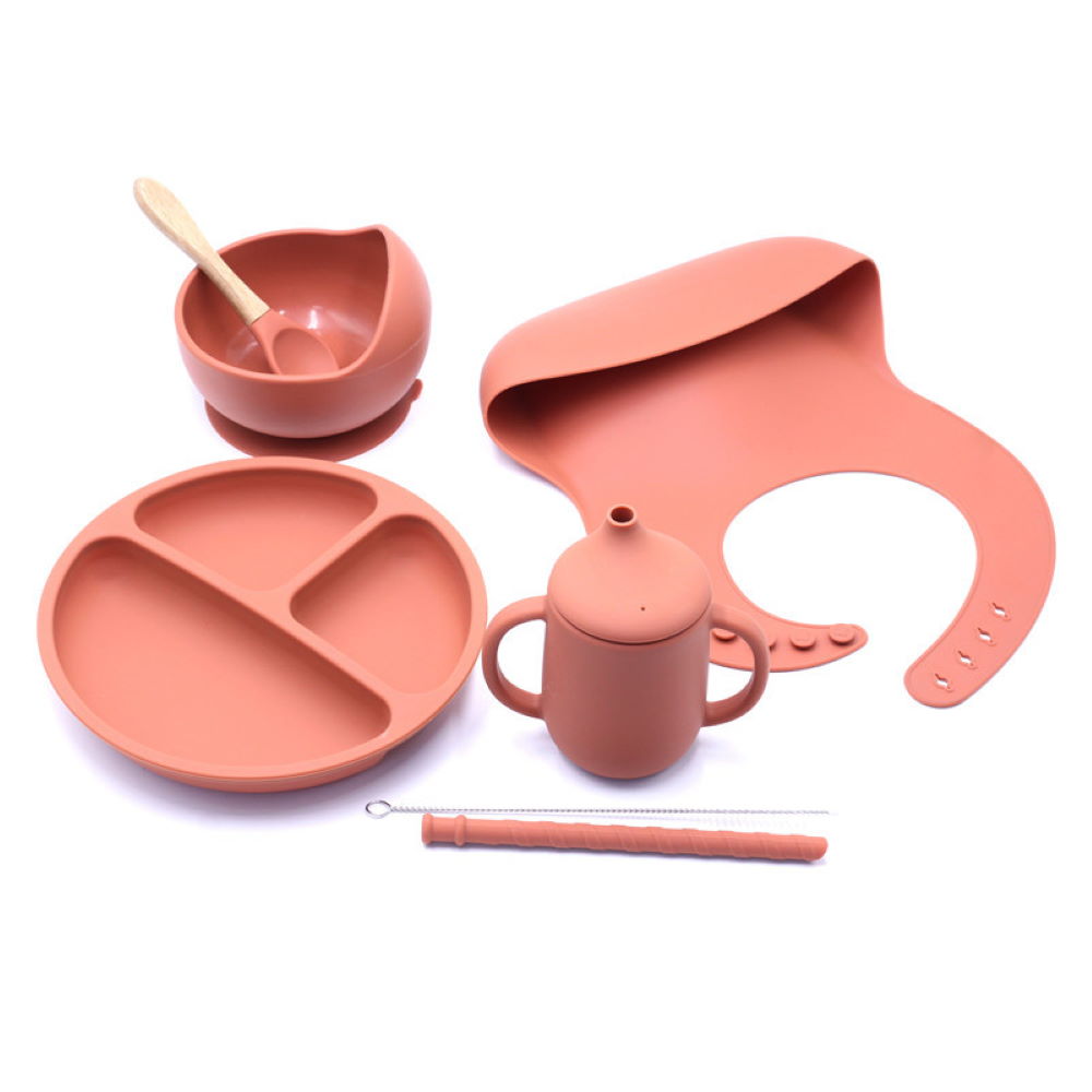 Orange Silicone Baby Feeding Set with Drinking Cup